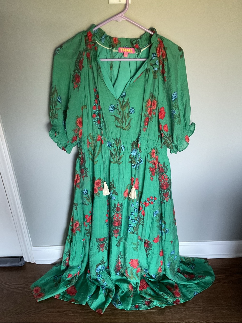 THML Green Floral Maxi Dress with Red & Blue Accents